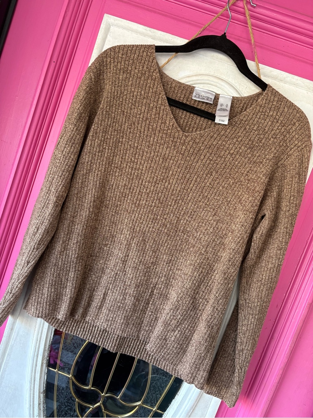 villager Brown Ribbed V-Neck Sweater